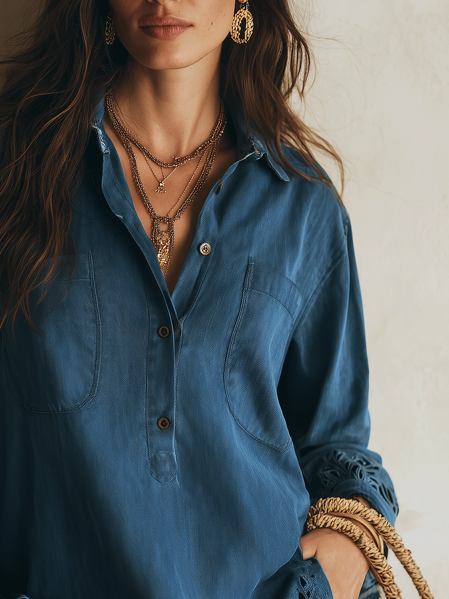 Elegant Vacation Lace Cutwork Detail Blue Tunic Shirt