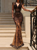 Evening Long Sleeves Wrap Embroidered See-Through Lace V-Neck Maxi Dresses