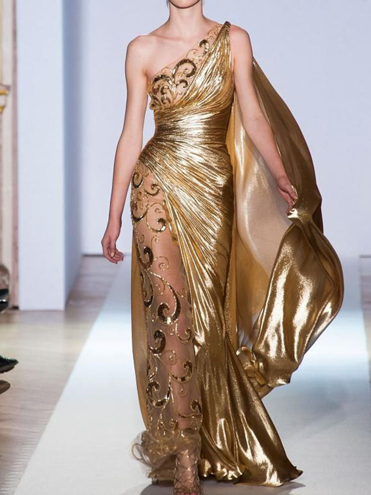 Evening Gold One-Shoulder Floral Printed Asymmetric See-Through Maxi Dresses