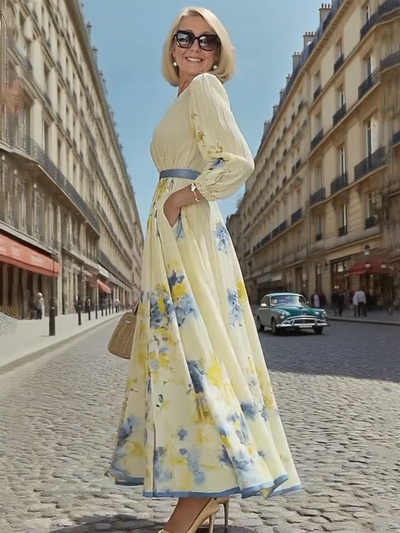 Gala Dress Digital Print V-neck Long Sleeves Pleats, Dress Long Dress