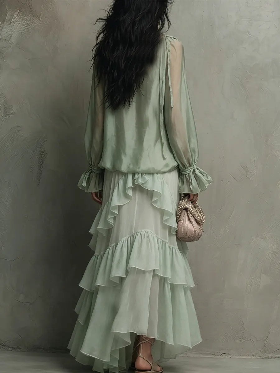 Bohemian Mint Chiffon Ruffle Blouse With Layered Skirt