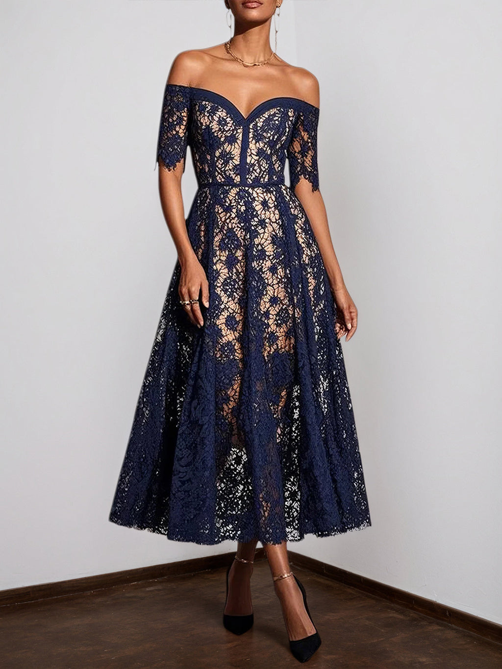 Purplish Blue Lace Off The Shoulder Short Sleeve A-Line Midi Dress