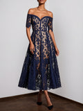 Purplish Blue Lace Off The Shoulder Short Sleeve A-Line Midi Dress
