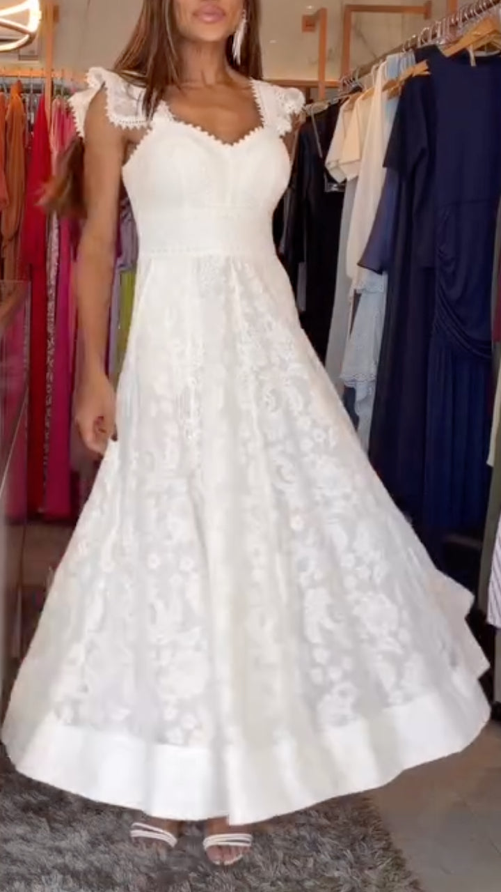 Lace Scallop Square Neck Pocket Flowy Maxi Wedding Dress