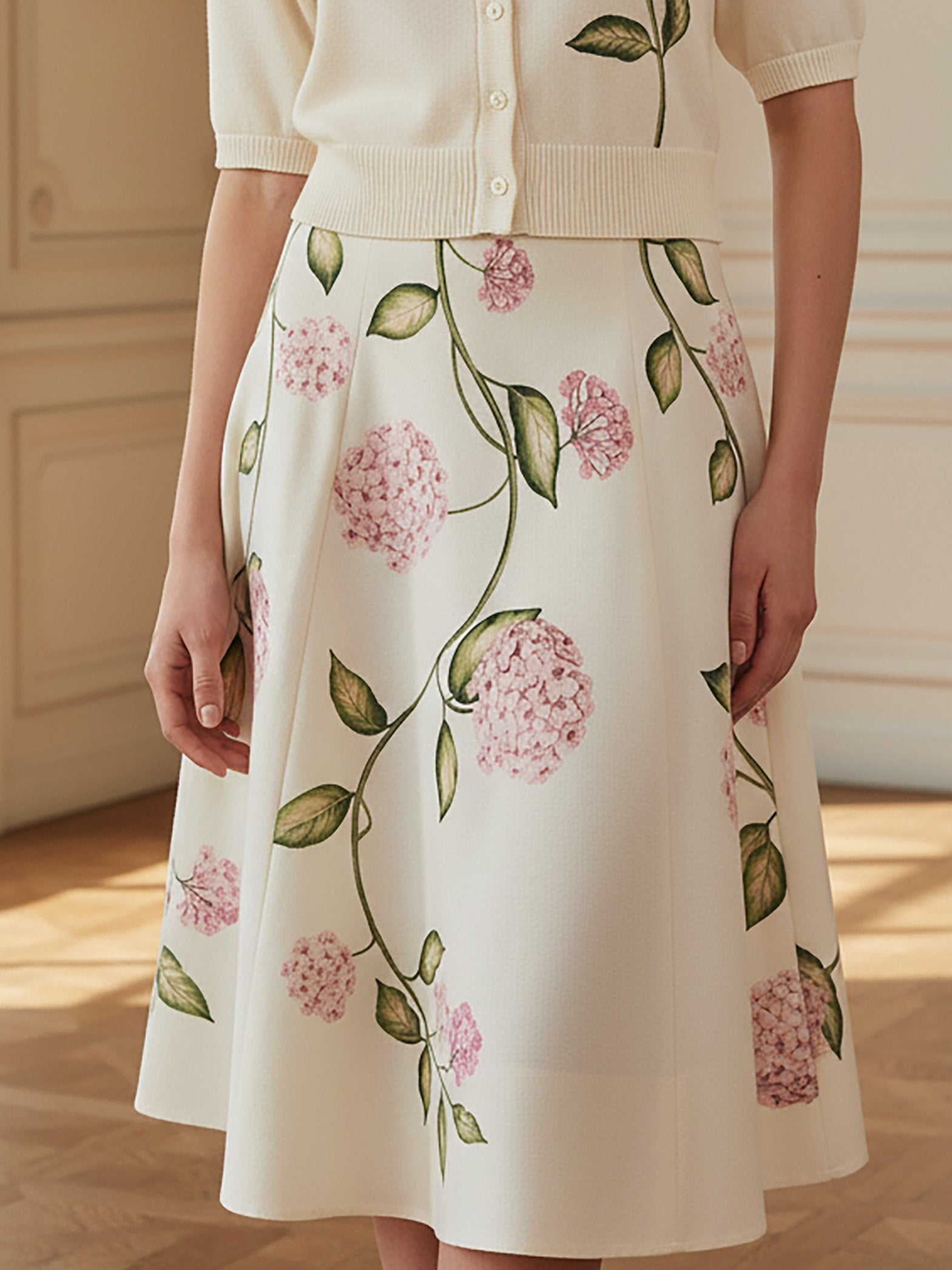 Midi Linen Skirt, Floral, Vintage, White