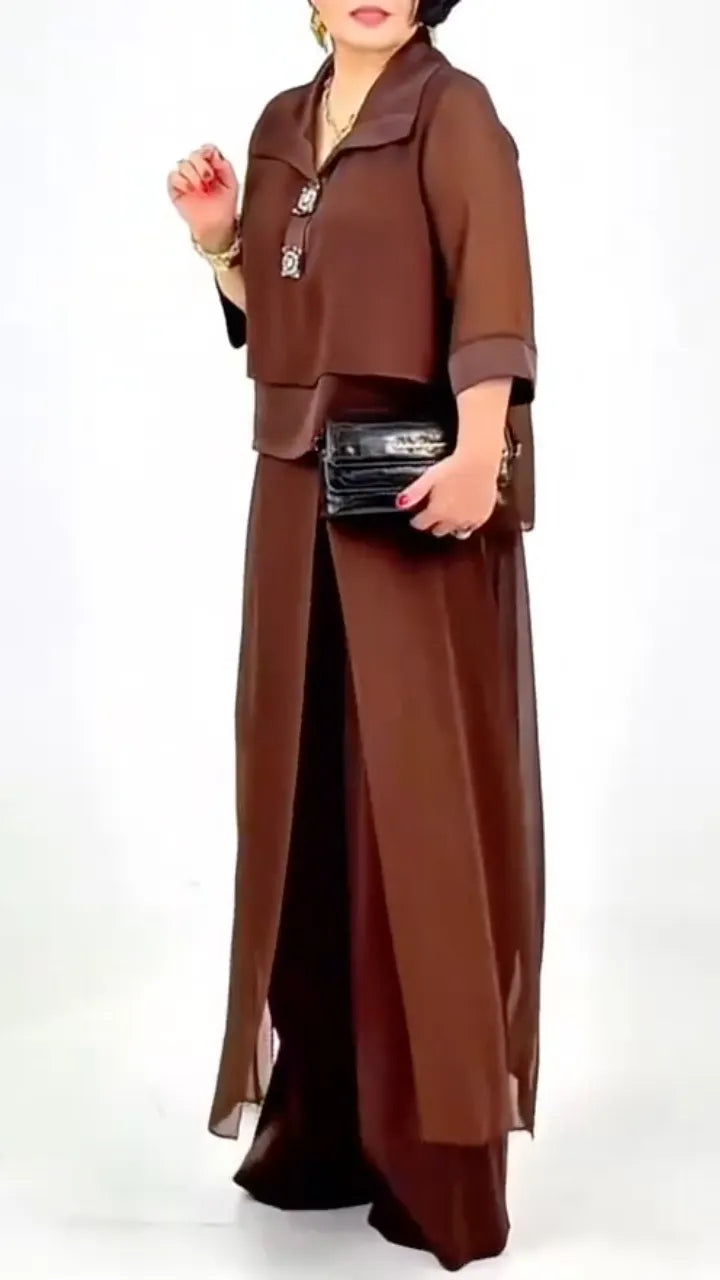 Women's Lapel Chiffon Top & Flowy Wide-Leg Pants Casual Set