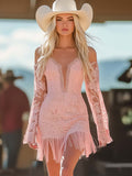 [24-hour shipping out]Fashion Western Spaghetti Strap Off-Shoulder Hem Tassel Pink Lace Mini Dress