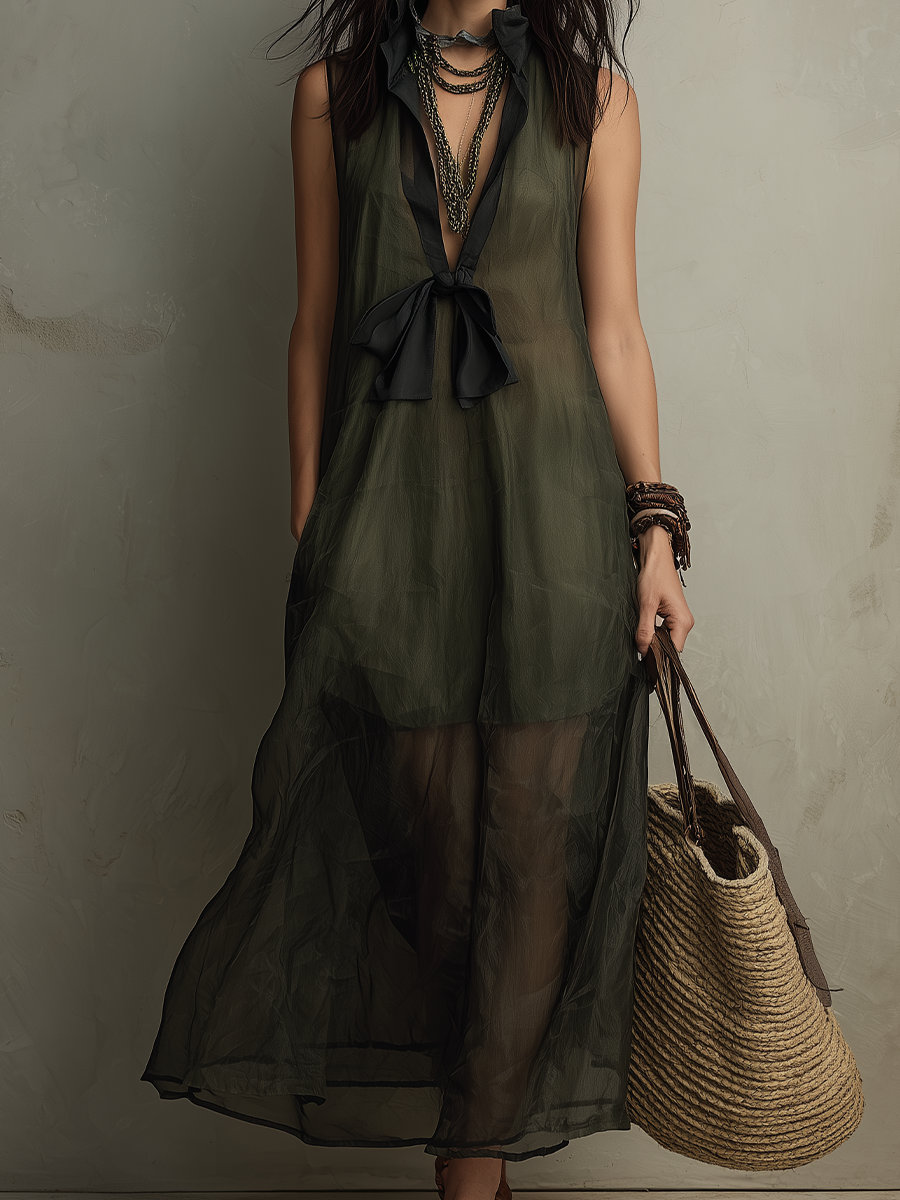 Stylish Deep Olive Green Lightweight Organza Layered Bohemian Maxi Skirt