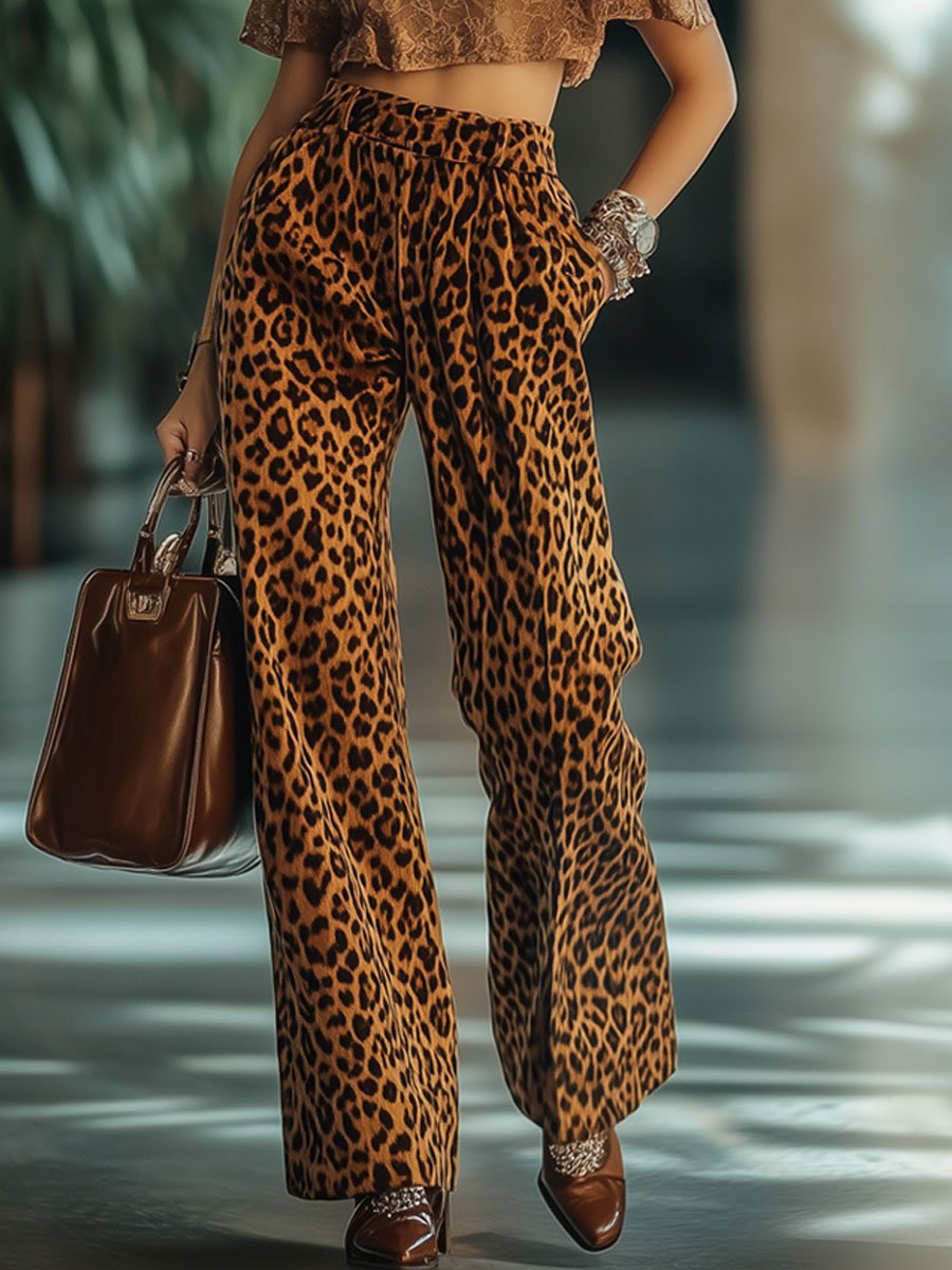 [24-hour shipping out]Casual Loose Vintage Velvet Leopard Print Pocket Elastic Waist Pants