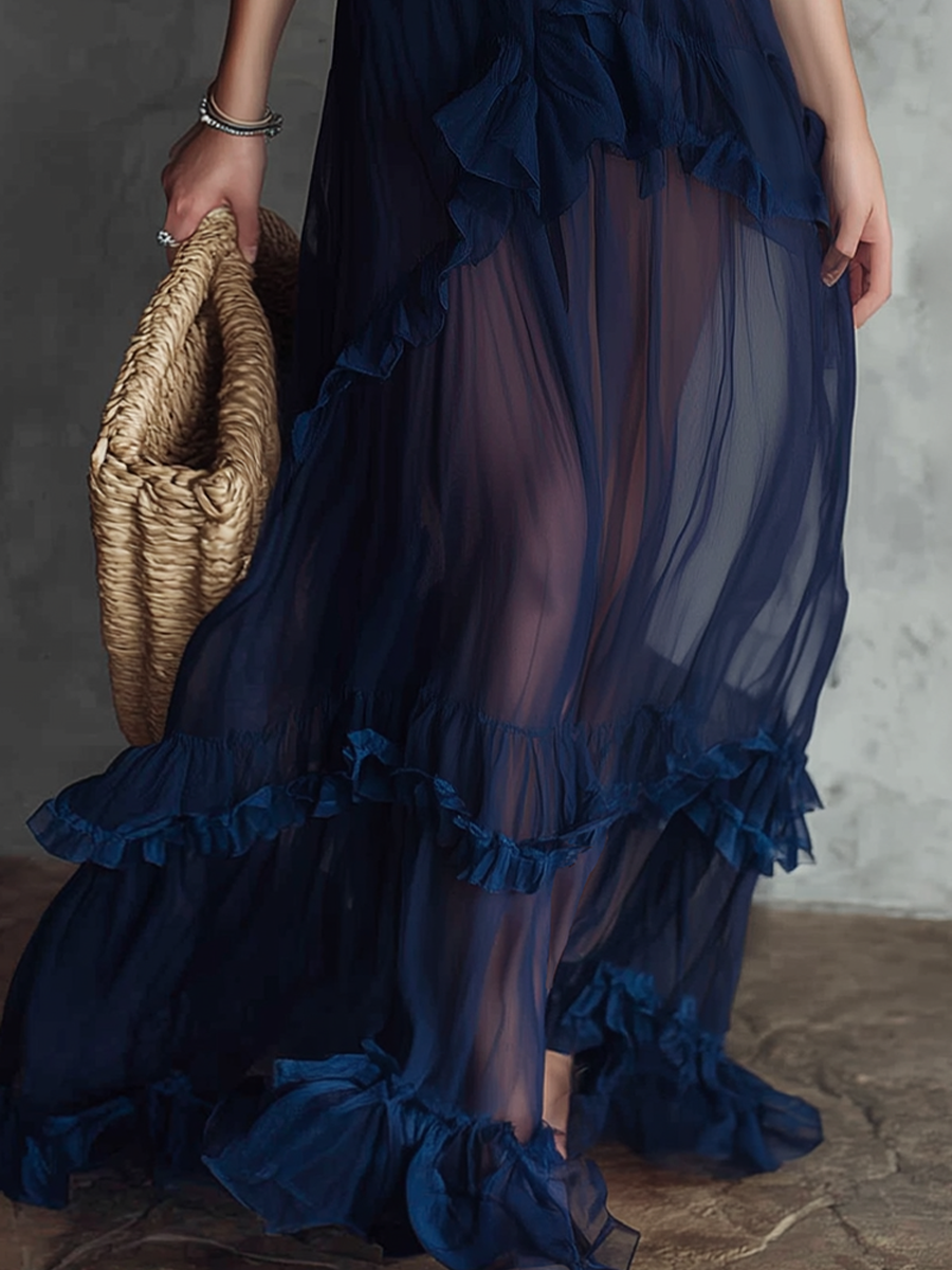 Elegant Sheer Ruffle Trim Maxi Dress