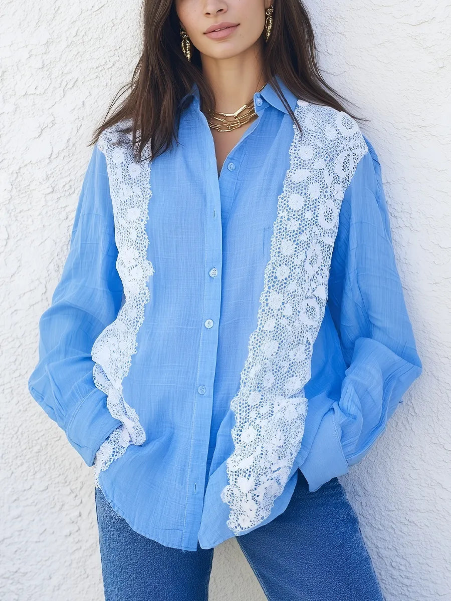 Romantic Lace Panel Button Front Blouse