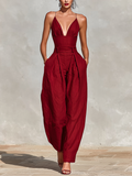 Women's Red Linen Jumpsuit With Spaghetti Straps & High-Waisted Pleated Pants, Timeless Romantic-Elegant Style Jumpsuit