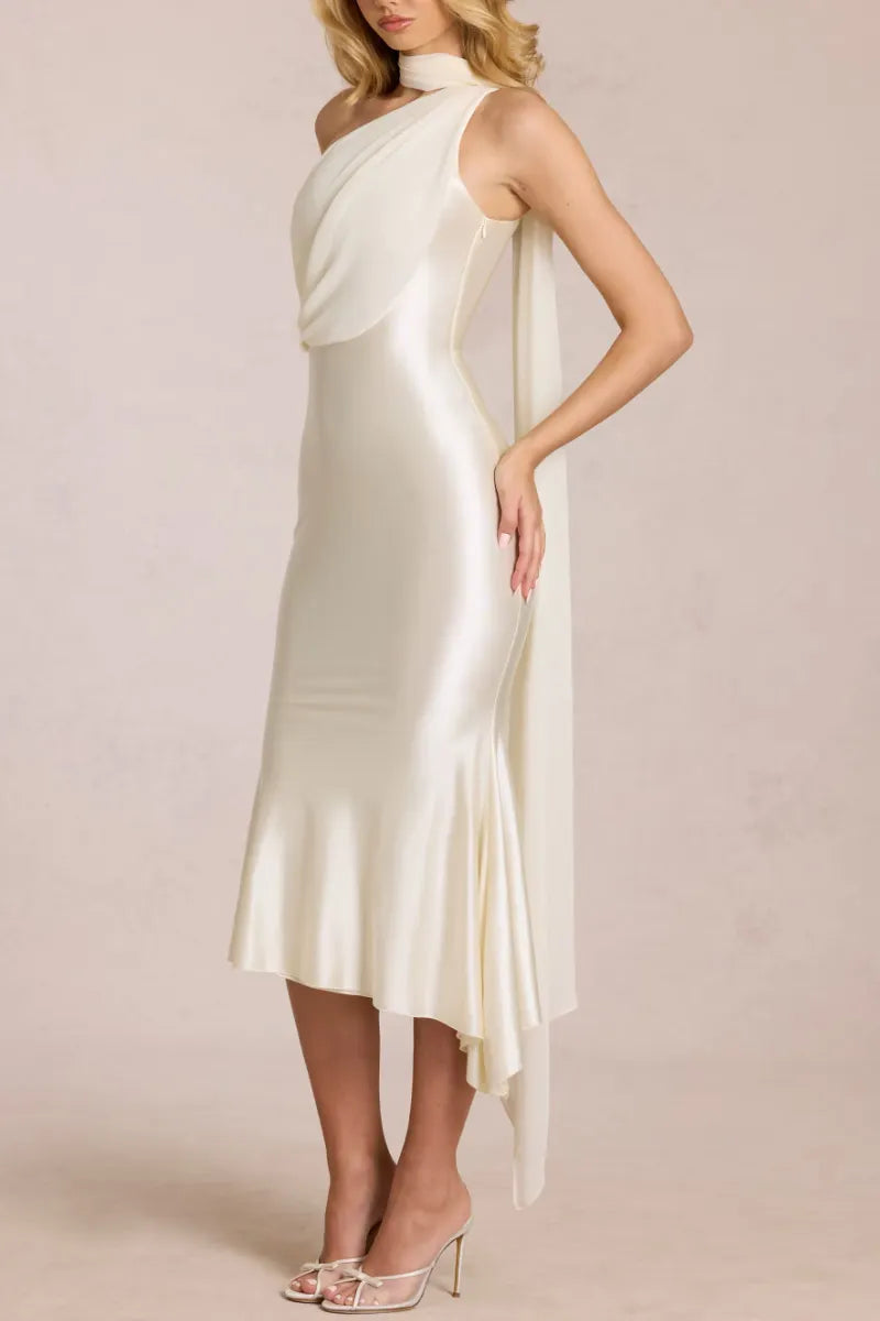 Halter Neck Draped Ruffle Midi Bodycon Evening Party Satin Dress