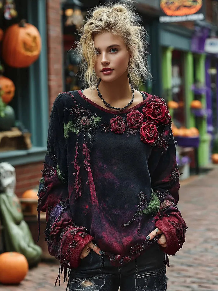 Vintage Rose Embroidery Beaded Gradient Sweatshirt