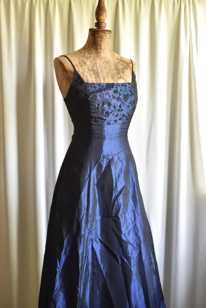 Royal Blue Metallic Y2K Vintage Empire Waist Floral Gothic Fantasy Fairycore Special Occasion Maxi Dress