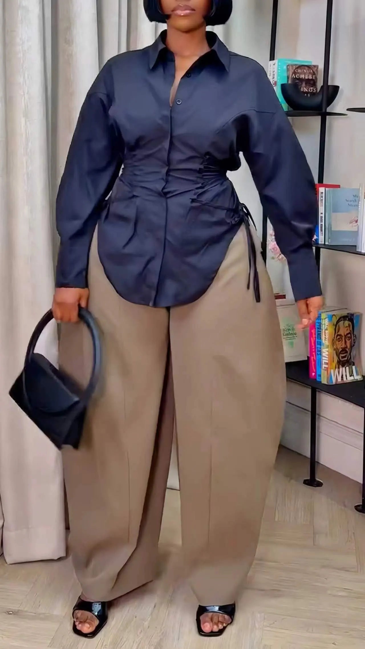 Black Corset Shirt & Beige Trouser Set