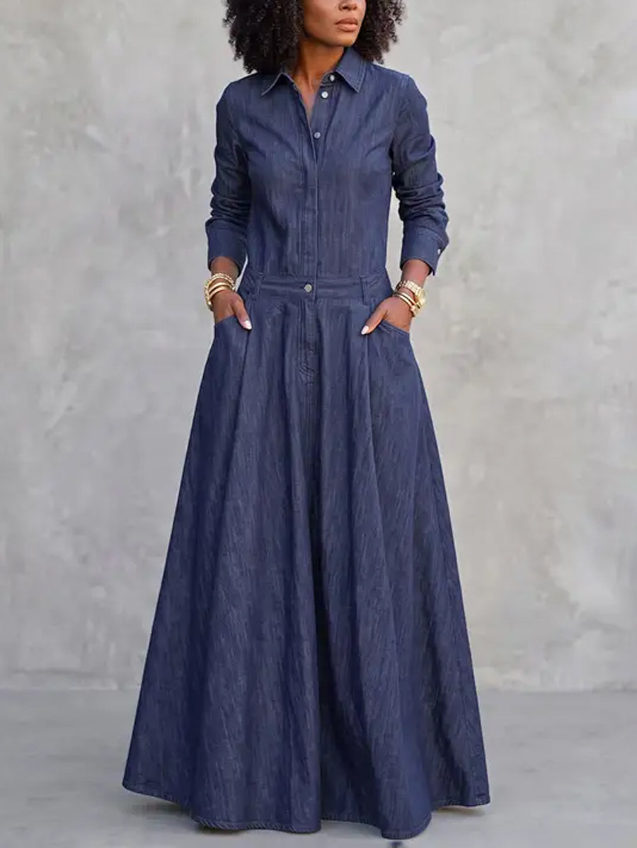 Split-Joint Solid Color Pockets Buttoned Long Sleeves High Waisted Lapel Maxi Dresses