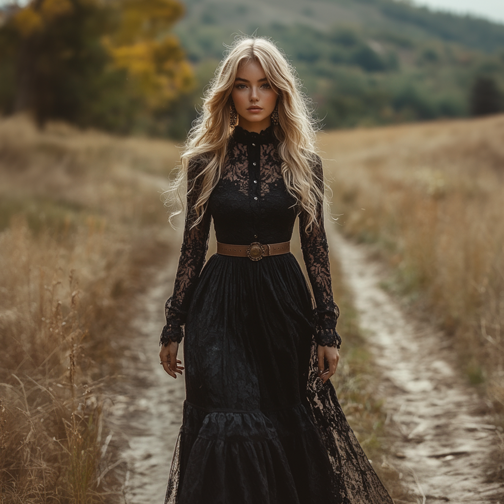 Retro Lace Women's Long-sleeved Dress Pastoral Style Lace Retro Long Dress