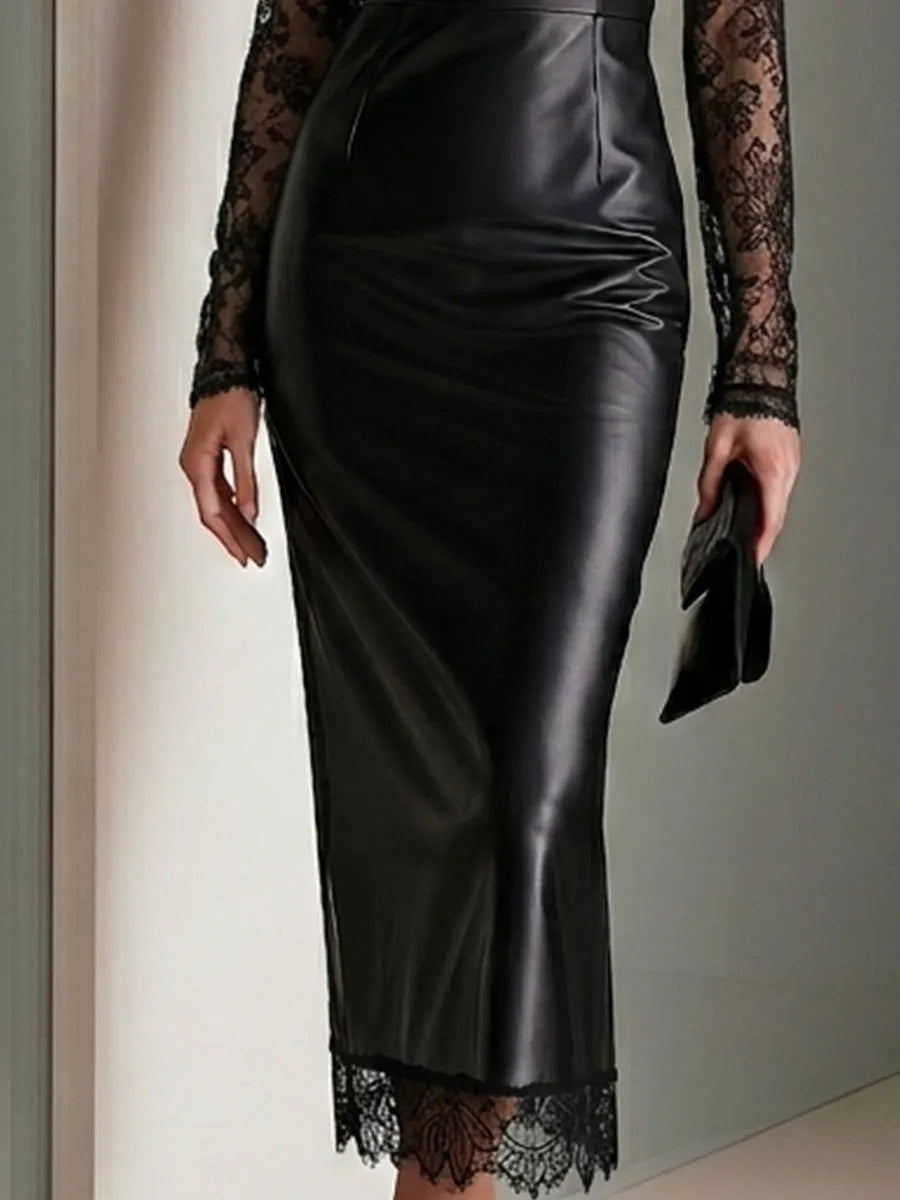 Lace-Panel Faux Leather Midi Dress