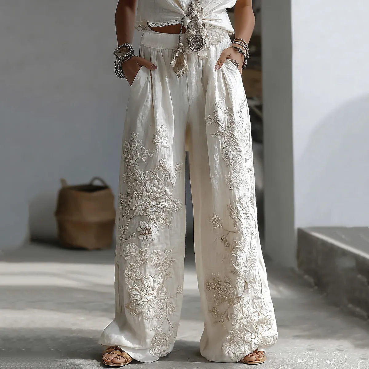 Women's Retro Floral Lace Patchwork Art Casual Pocket Linen Pants