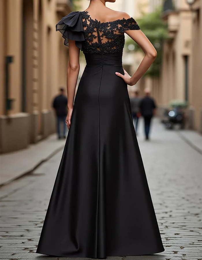 Black Satin Lace Floor-Length Maxi Dress
