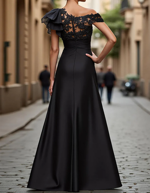 Black Satin Lace Floor-Length Maxi Dress