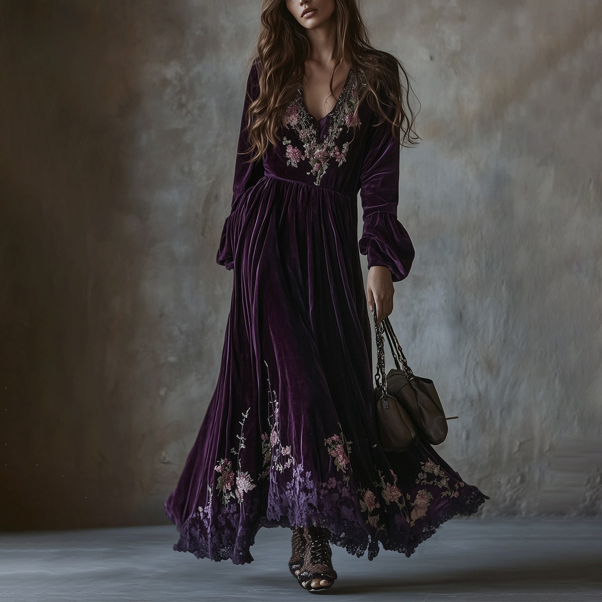 Vintage Floral Embroidered Velvet Maxi Dress
