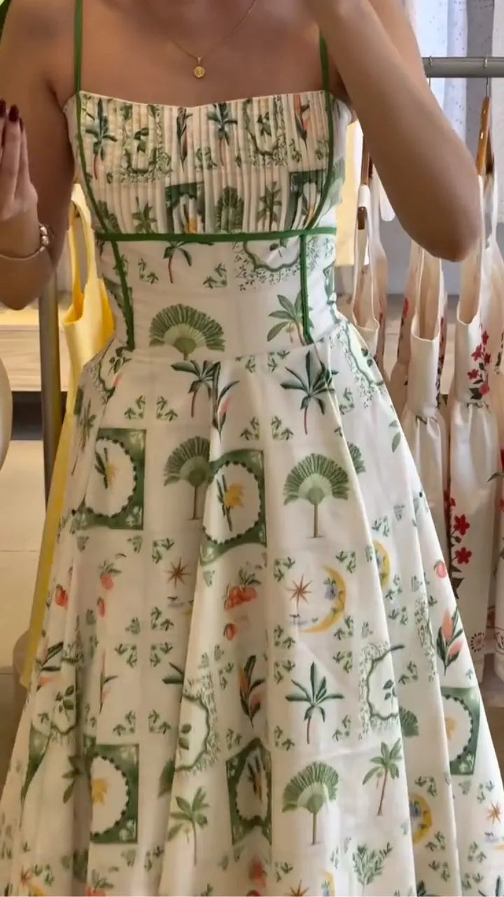Plant Print Spaghetti Strap Flare Maxi Dress