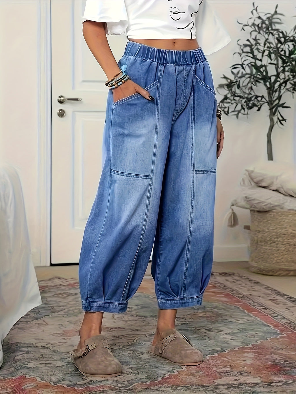 Elastic Waist Denim Harem Pants
