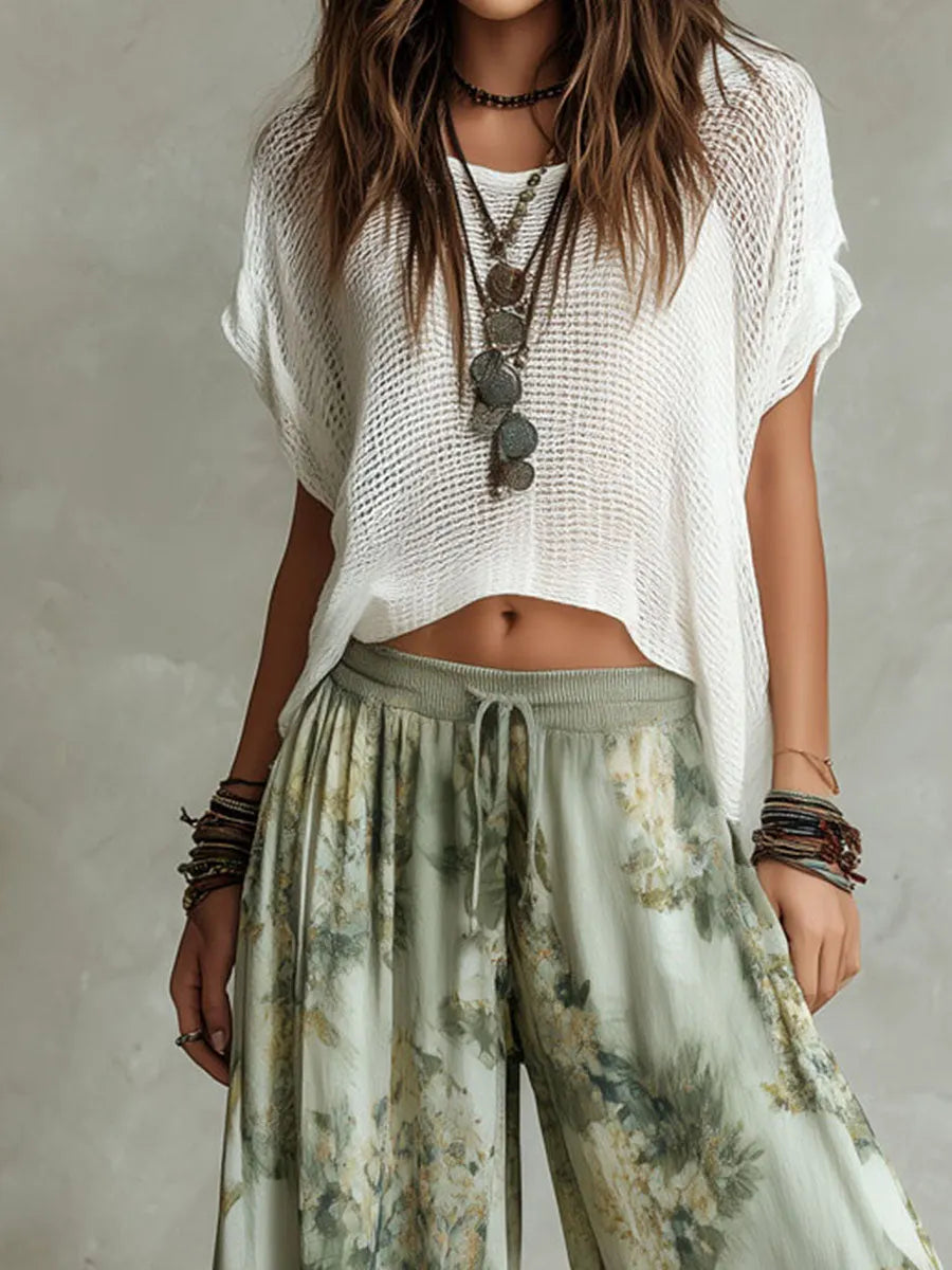 White Crochet Knit Crop Top & Light Green Ink Floral Print Elastic Waist Lantern Pants Set