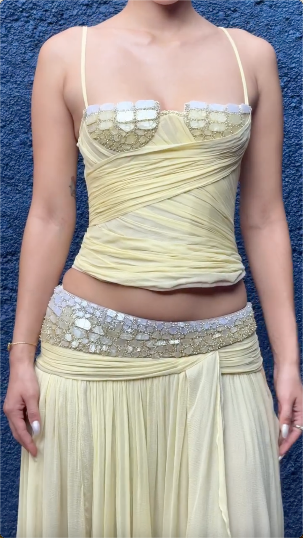 Butter Yellow Beaded Shell Crop Top & Asymmetrical Maxi Skirt Set