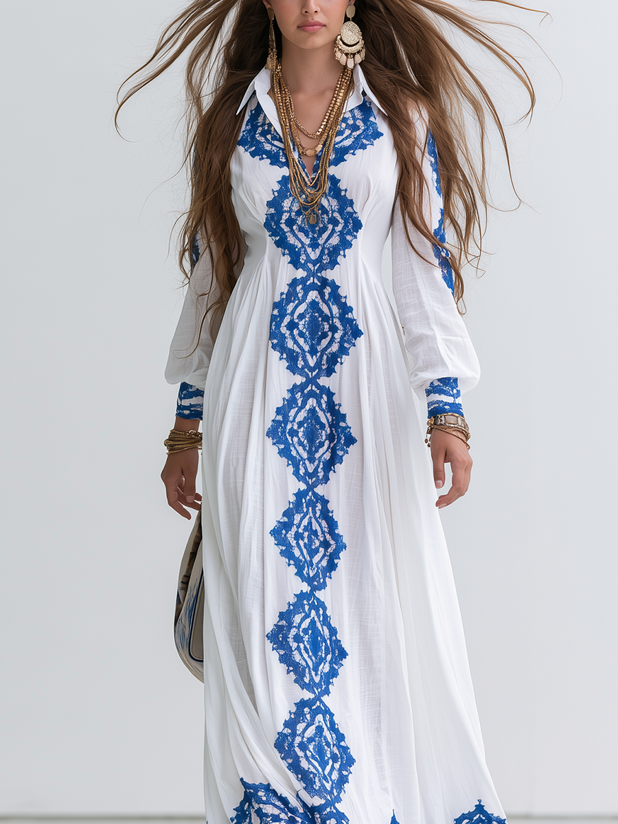 Bohemian Blue Floral Print Maxi Dress