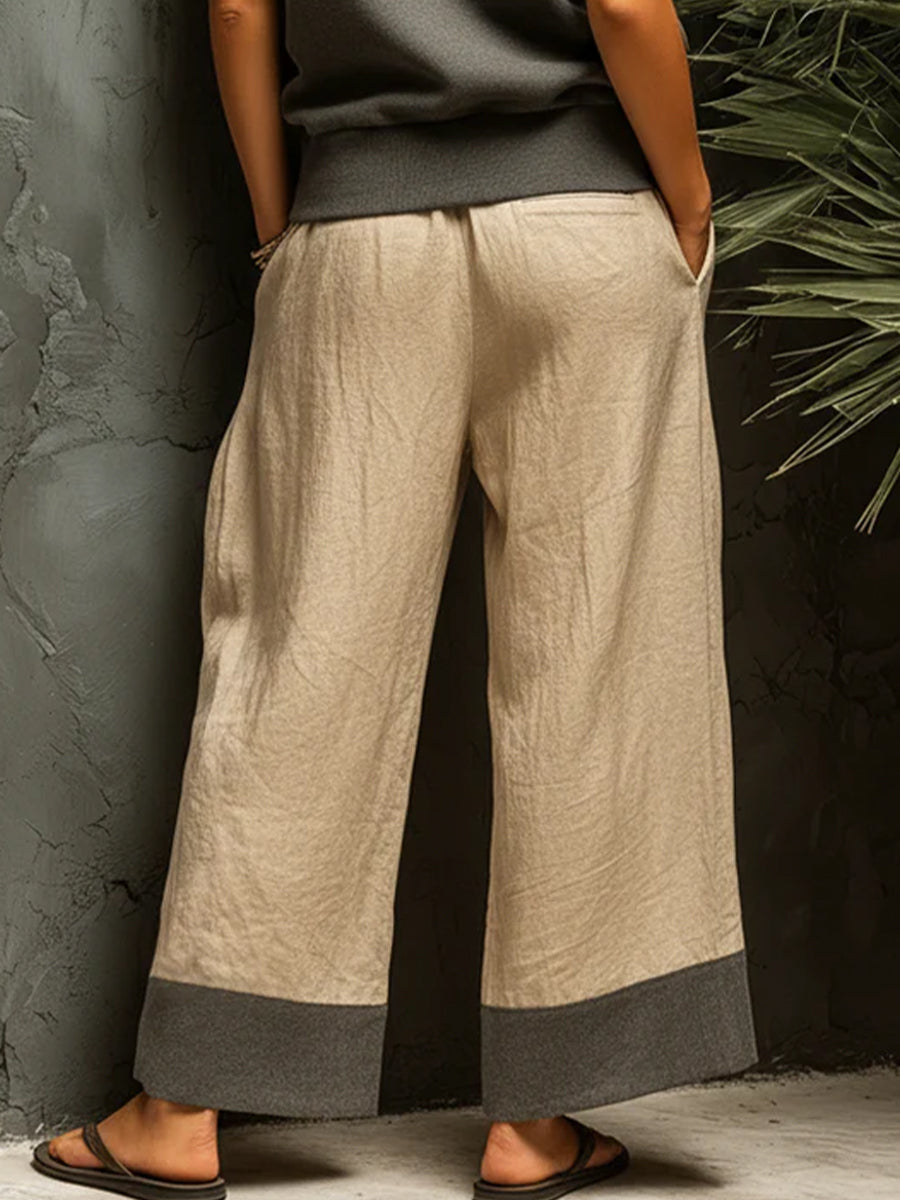 Casual Color-block Linen And Cotton Trousers
