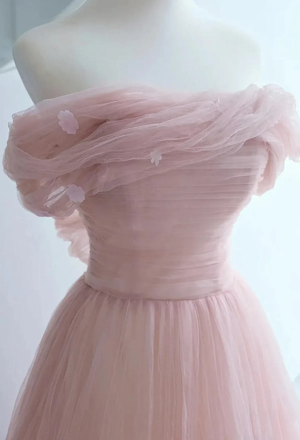 Pink Tulle Scoop A-line Floor Length Party Dress, Pink Off Shoulder Formal Dress Prom Dress    25013