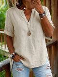 Women's V-neck Short-sleeve Cotton-linen Top