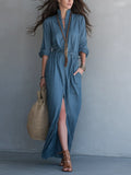 Effortless Resort Blue Button Front Maxi Dress