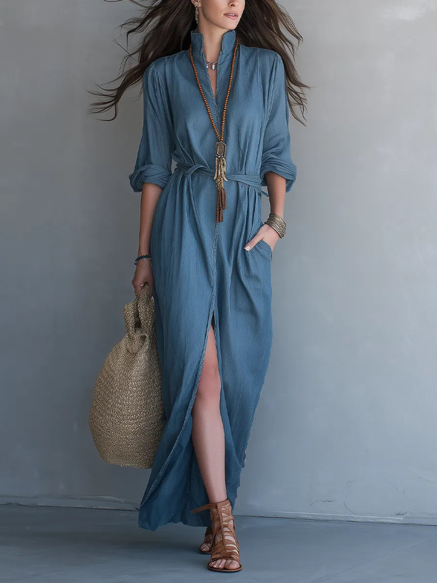 Effortless Resort Blue Button Front Maxi Dress