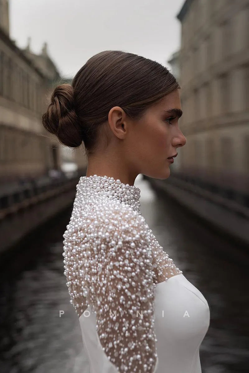 P3093 - Elegant High Neck Pearls Long Sleeves Mermaid Long Beach Wedding Dress