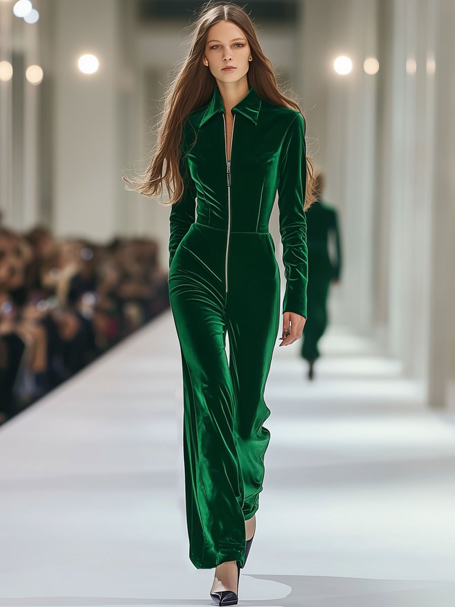 [24-hour shipping out]Casual Loose Retro Long Sleeve Green Velvet Zipper Jumpsuit
