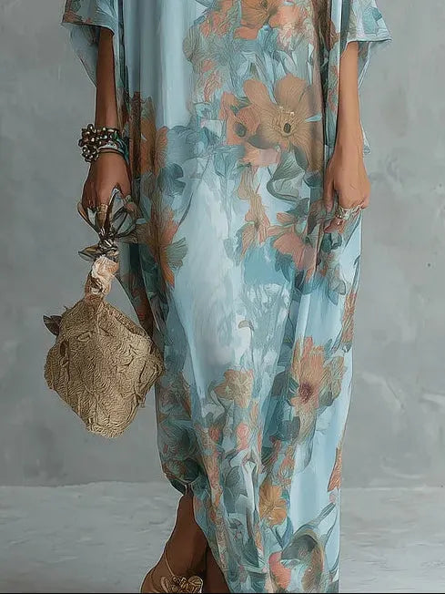 Bohemian Sky Blue Floral Print Loose Long Dress