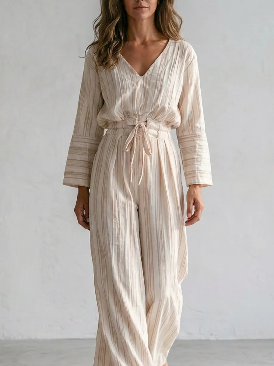 Boho Cotton Drawstring Waist Wide Leg Palazzo Jumpsuit