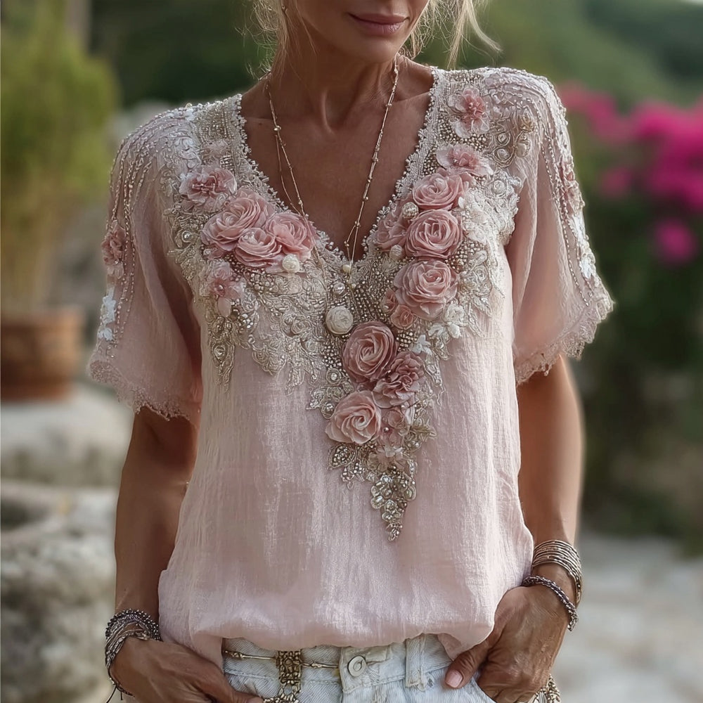 Vintage Boho Pink Roses Embroidered V Neck Linen Shirt