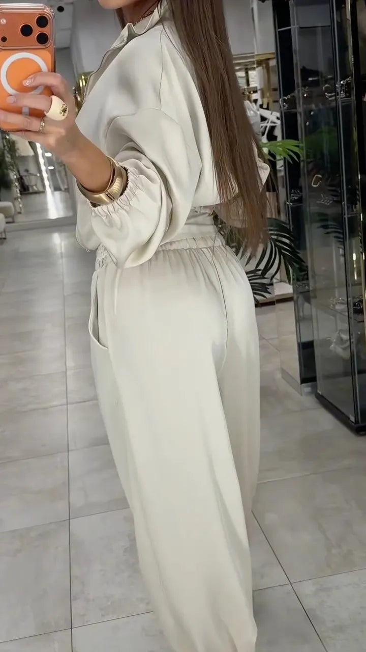 Beige Satin Zip Up Hoodie and JoggersLeg Pants 2 Piece Set