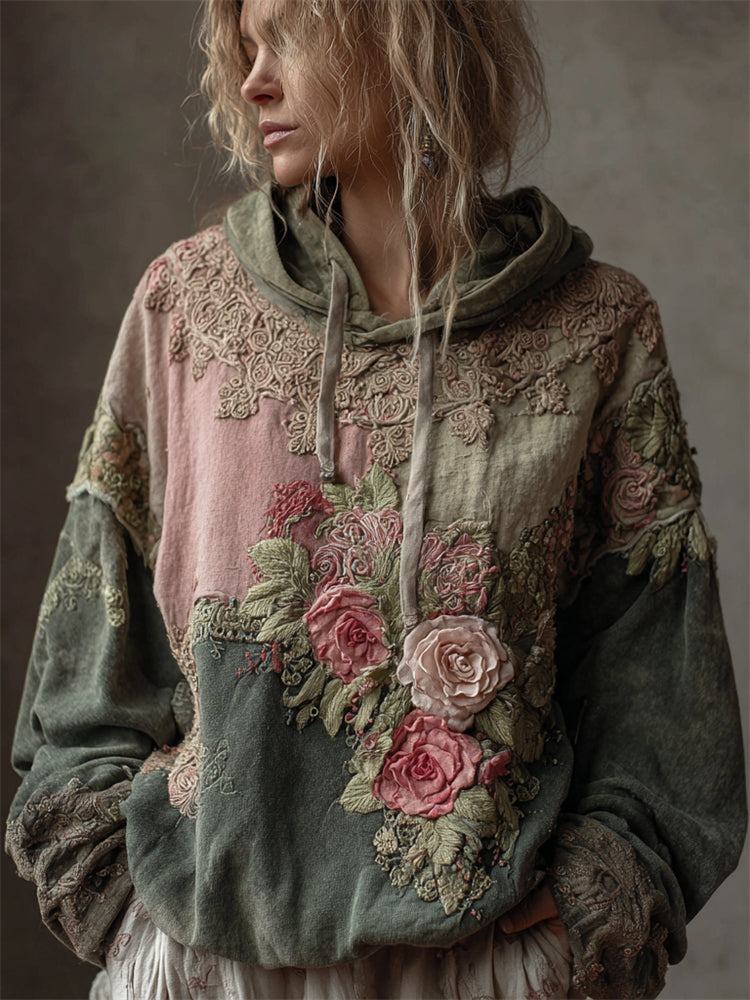 Vintage Pink Roses Colorblock Lace Patchwork Hoodie