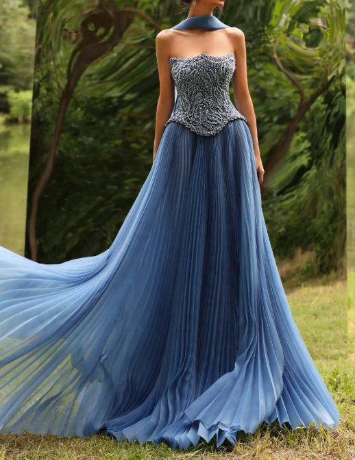 Dusty Blue Beaded Strapless Pleated Tulle Maxi Dress