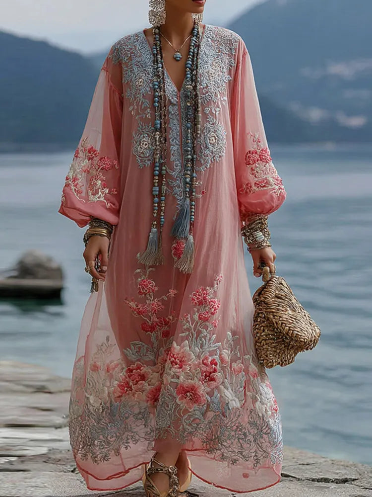 Women's Vintage Floral Embroidered V Neck Comfy Maxi Dress