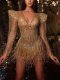 Elegant V-neck Long Sleeve Sheer Mesh Sequined Fringed Hem Mini Evening Gown