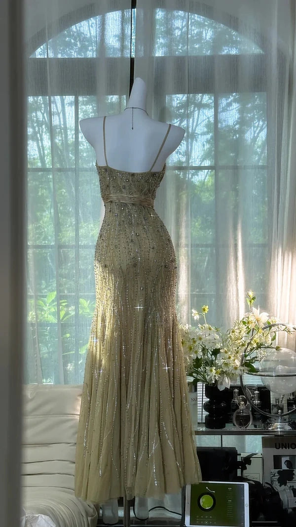 Gold Grass Green Vintage Beading Long Elegant Chiffon Homecoming Dress Ball Dress Evening Dress Birthday Party Dress Date Dress Prom Dress