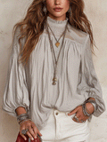 Boho Smocked High Neck Lace Trim Long Sleeve Blouse