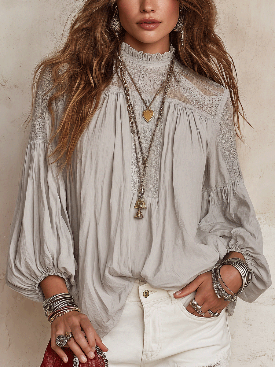 Boho Smocked High Neck Lace Trim Long Sleeve Blouse